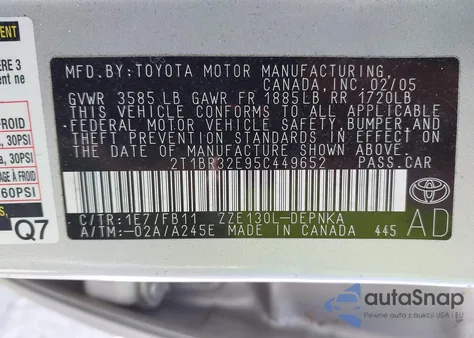 2005 Toyota Corolla Le из США, поврежденный, VIN 2T1BR32E95C449652